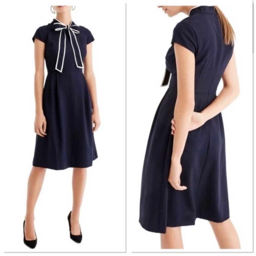 J Crew NWT Bow Tie Neck Dress 
Crepe Cap Sleeve  Navy Blue & White size 8 - Picture 2 of 9